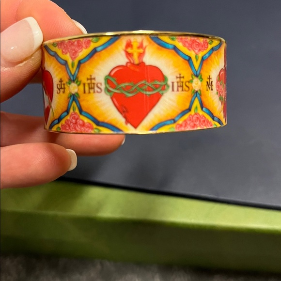 My Saint My Hero Elegant Gold and Red Cuff Bracelet with Sacred Hearts - Picture 3 of 5